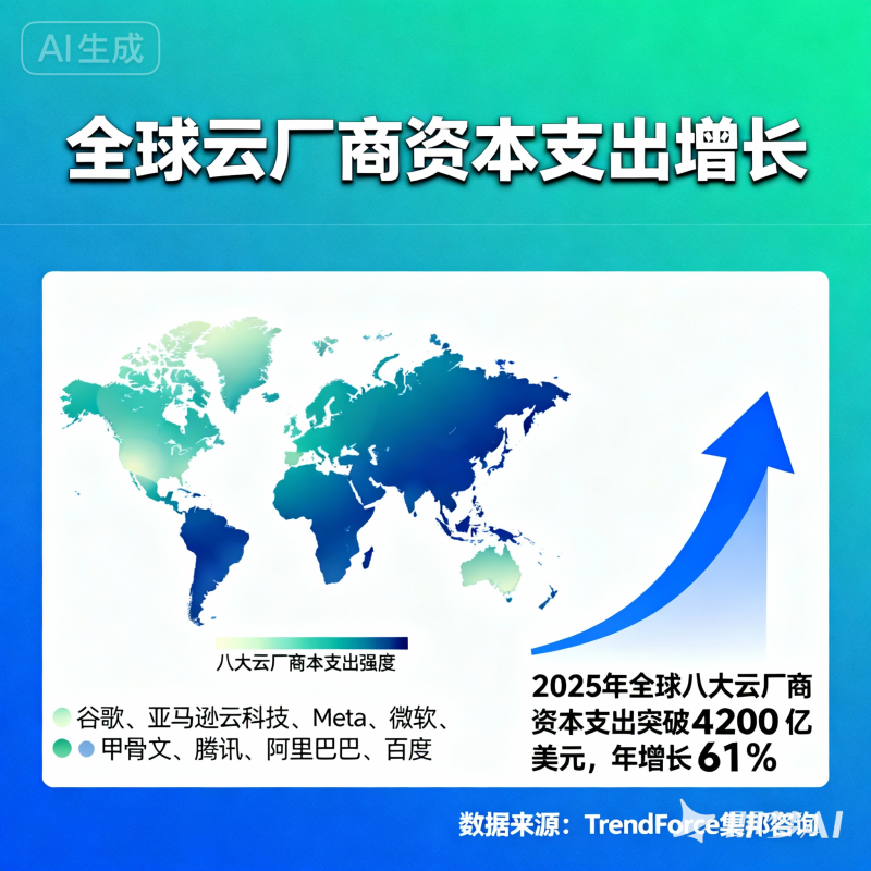 2025年全球八大云厂商资本支出突破4200亿美元，年增长61%