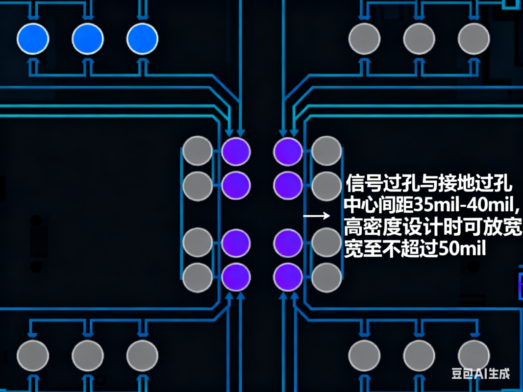 PCB伴地孔布局示意图，显示信号过孔与接地过孔的优化排列方式
