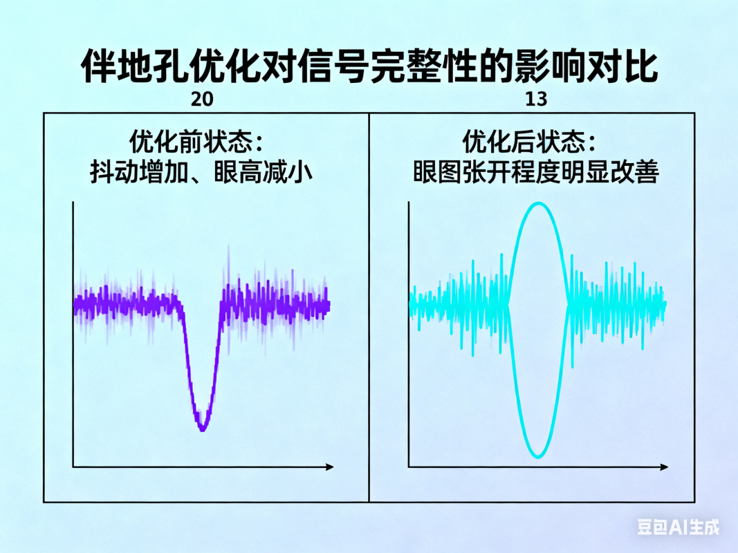 伴地孔优化前后信号完整性对比图，显示添加伴地孔后眼图改善效果